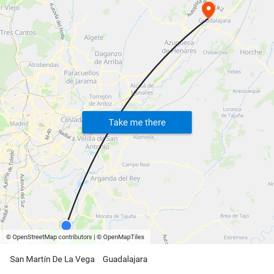 San Martín De La Vega to Guadalajara map