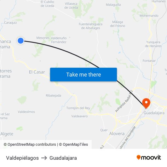 Valdepiélagos to Guadalajara map