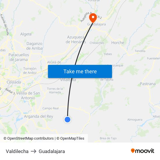 Valdilecha to Guadalajara map
