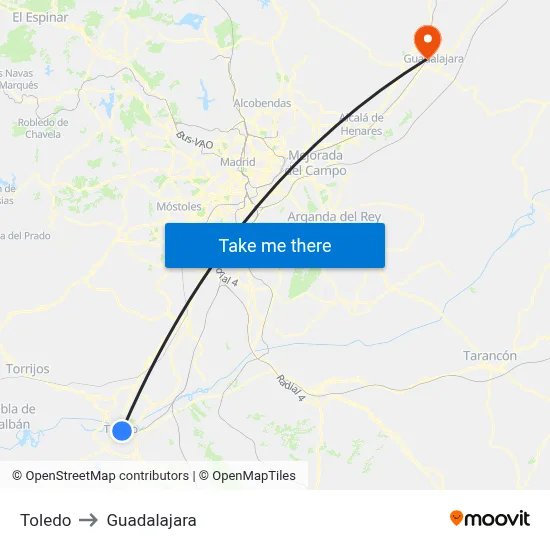 Toledo to Guadalajara map