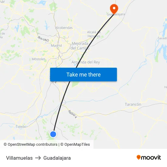Villamuelas to Guadalajara map