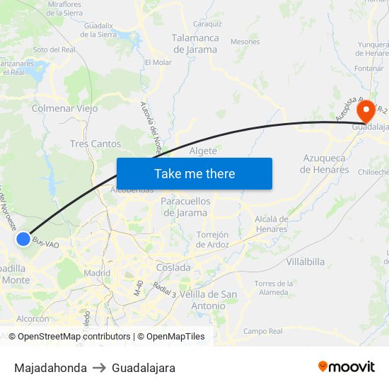 Majadahonda to Guadalajara map