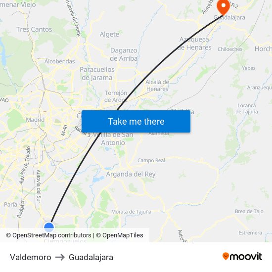 Valdemoro to Guadalajara map