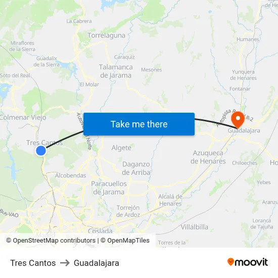 Tres Cantos to Guadalajara map