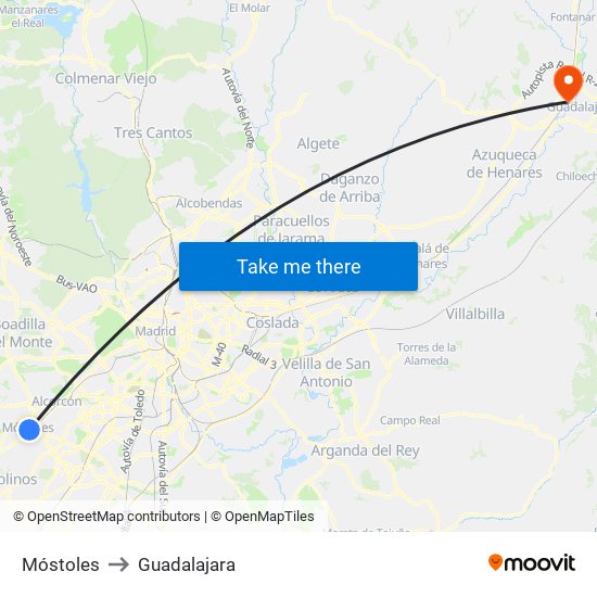 Móstoles to Guadalajara map