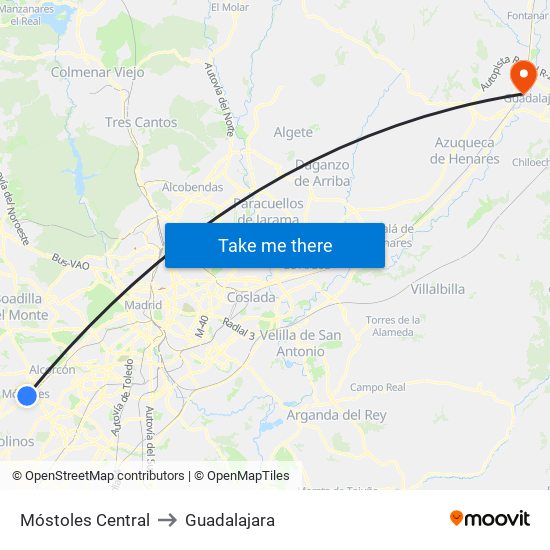 Móstoles Central to Guadalajara map