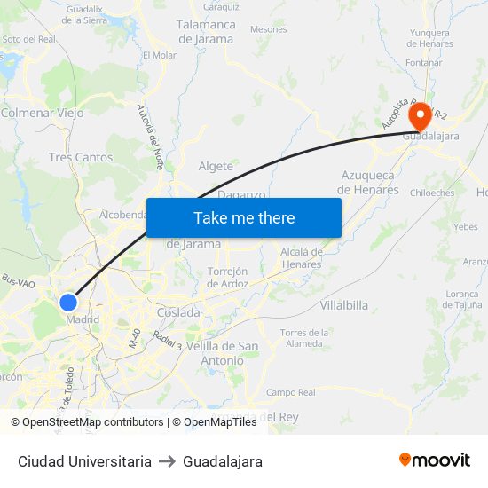 Ciudad Universitaria to Guadalajara map