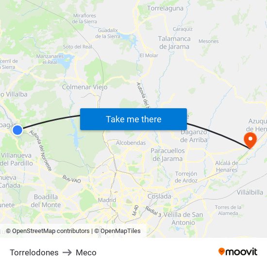 Torrelodones to Meco map