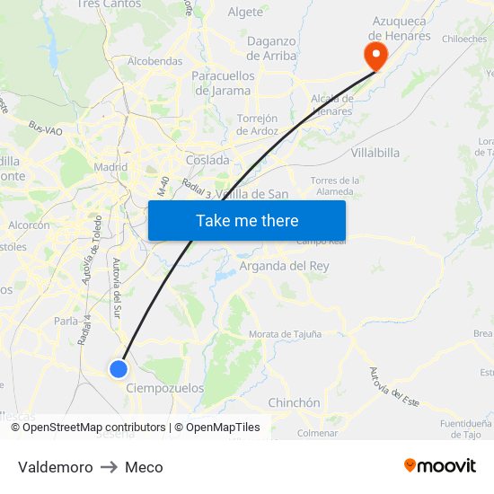 Valdemoro to Meco map