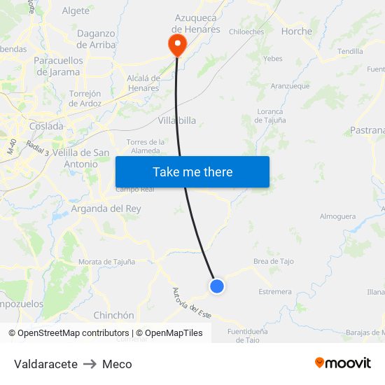 Valdaracete to Meco map