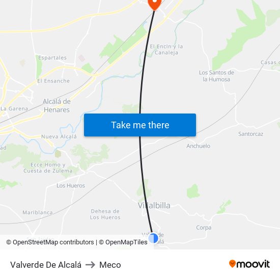 Valverde De Alcalá to Meco map