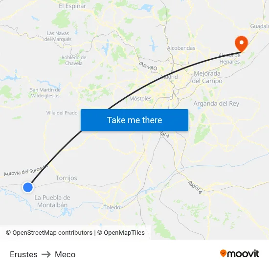 Erustes to Meco map
