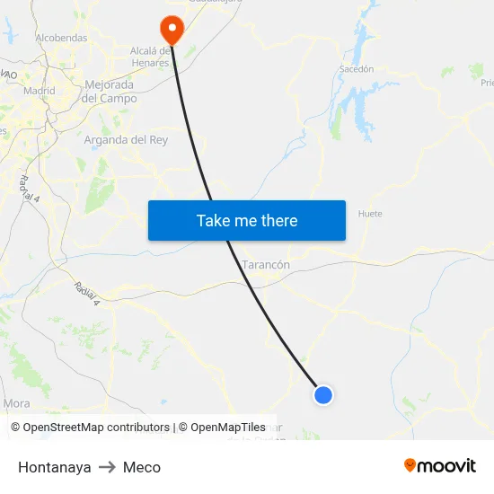 Hontanaya to Meco map