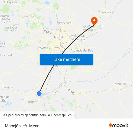 Mocejón to Meco map