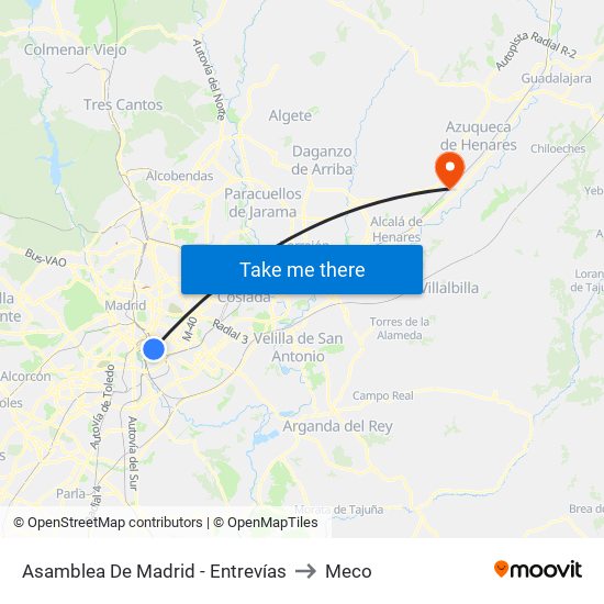 Asamblea De Madrid - Entrevías to Meco map