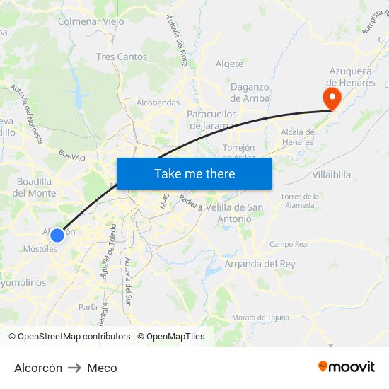 Alcorcón to Meco map