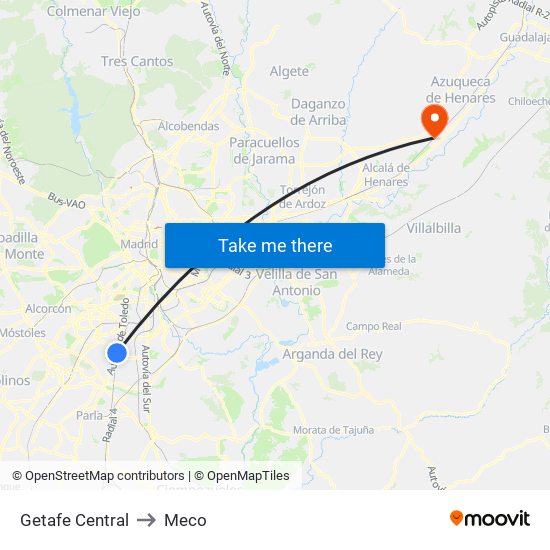 Getafe Central to Meco map