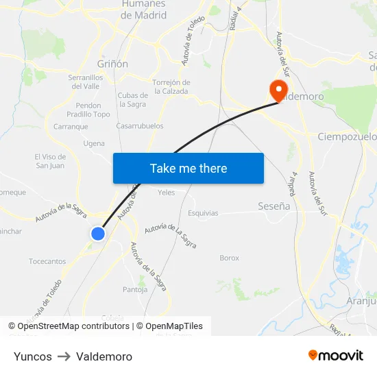 Yuncos to Valdemoro map