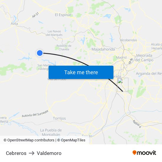 Cebreros to Valdemoro map