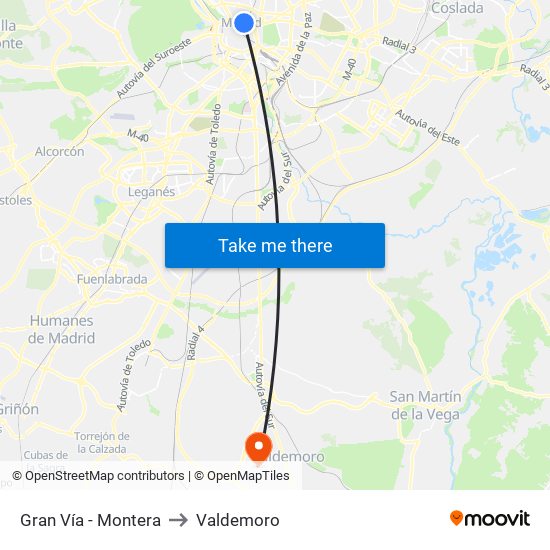Gran Vía - Montera to Valdemoro map