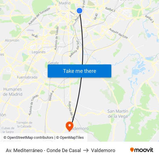 Av. Mediterráneo - Conde De Casal to Valdemoro map