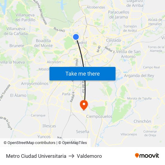 Metro Ciudad Universitaria to Valdemoro map