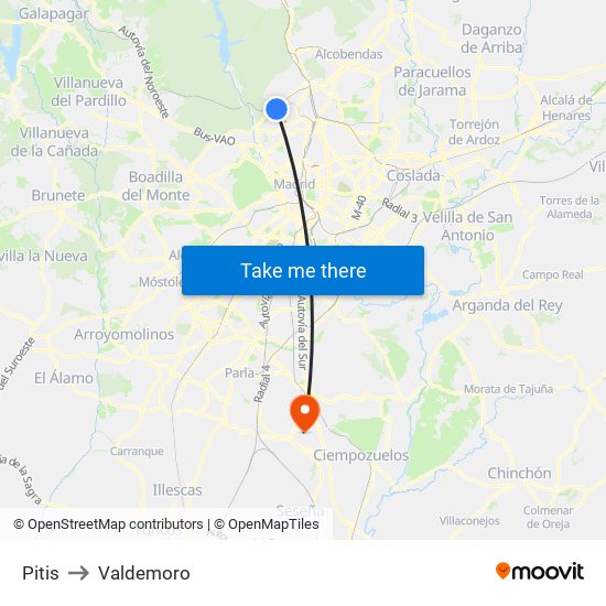 Pitis to Valdemoro map