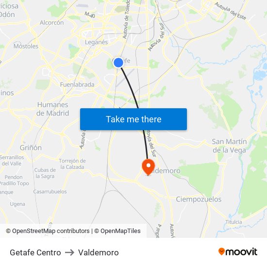 Getafe Centro to Valdemoro map