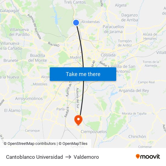 Cantoblanco Universidad to Valdemoro map