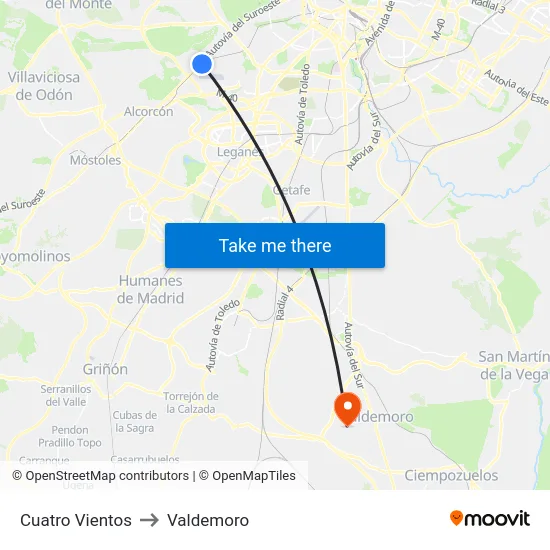 Cuatro Vientos to Valdemoro map