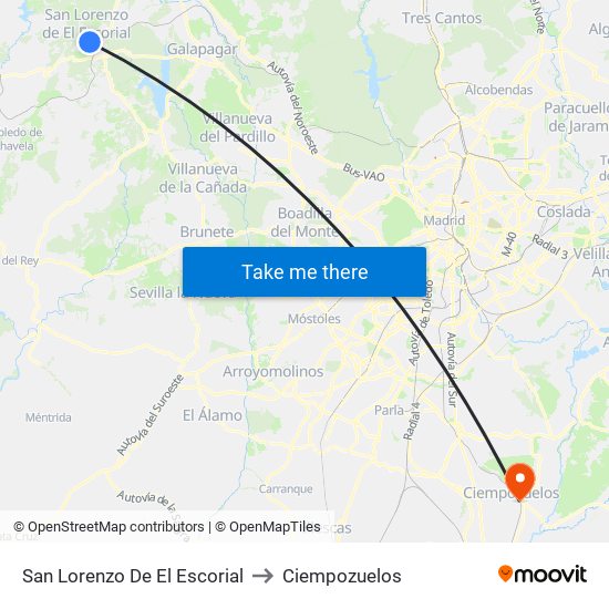 San Lorenzo De El Escorial to Ciempozuelos map