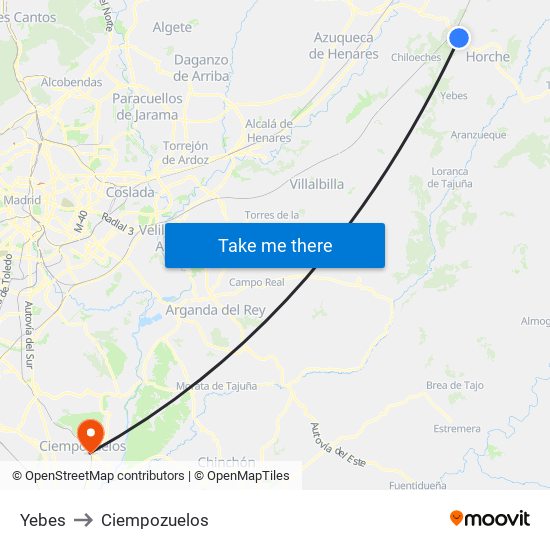 Yebes to Ciempozuelos map