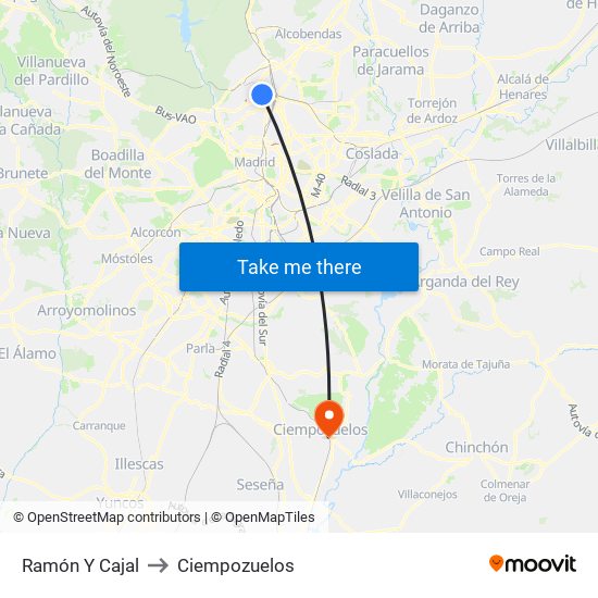 Ramón Y Cajal to Ciempozuelos map