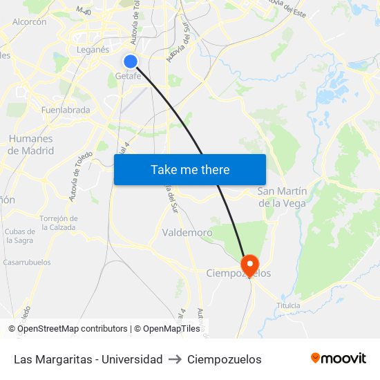 Las Margaritas - Universidad to Ciempozuelos map