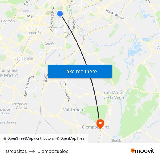 Orcasitas to Ciempozuelos map