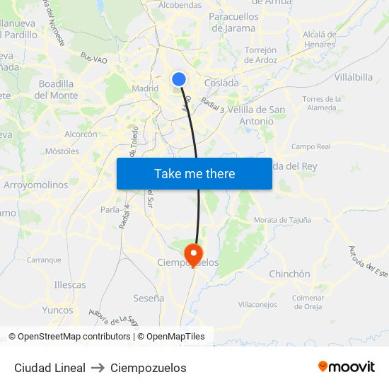 Ciudad Lineal to Ciempozuelos map