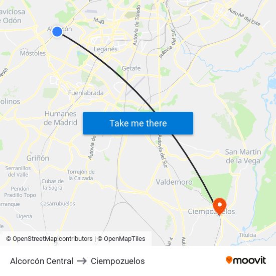 Alcorcón Central to Ciempozuelos map