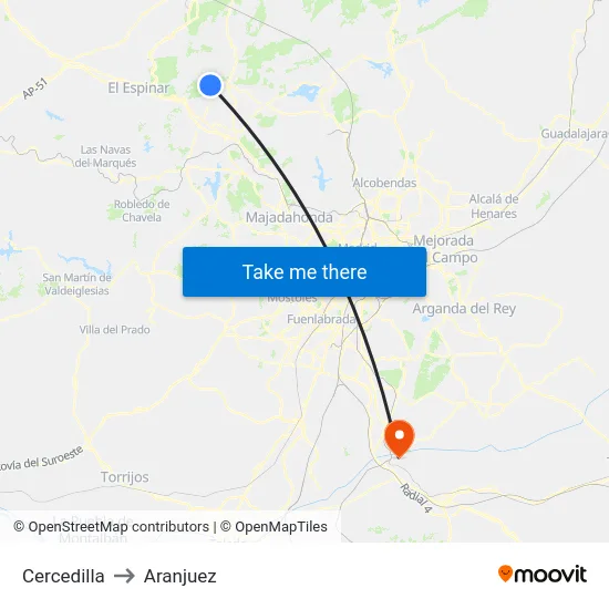 Cercedilla to Aranjuez map