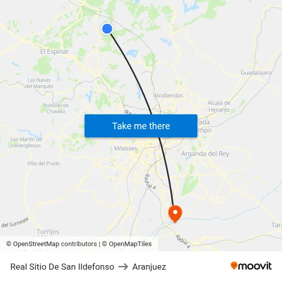 Real Sitio De San Ildefonso to Aranjuez map
