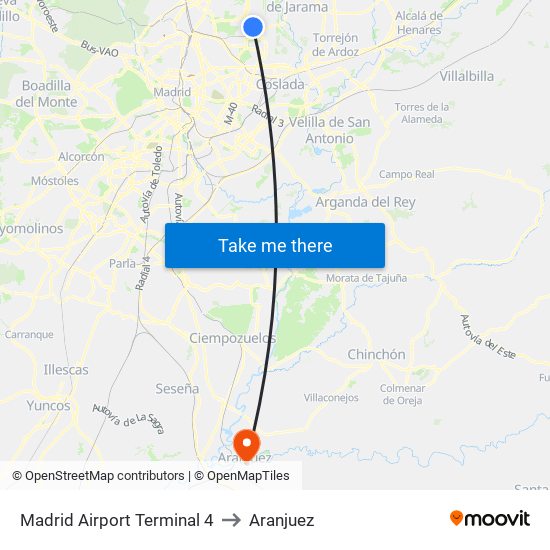 Madrid Airport Terminal 4 to Aranjuez map