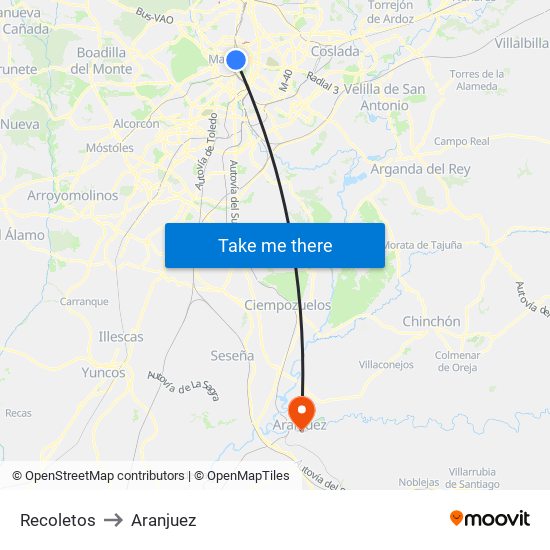 Recoletos to Aranjuez map