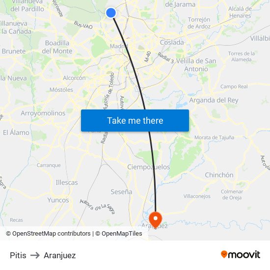Pitis to Aranjuez map