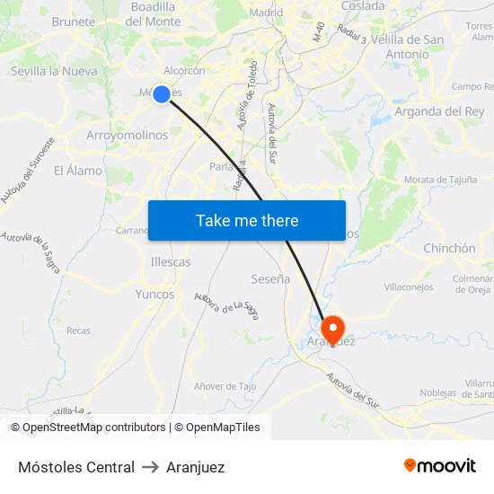Móstoles Central to Aranjuez map