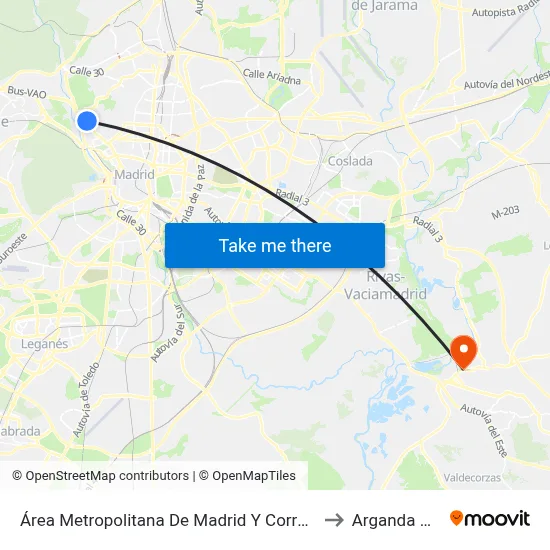 Área Metropolitana De Madrid Y Corredor Del Henares to Arganda Del Rey map