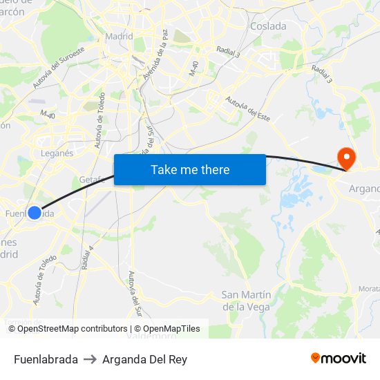 Fuenlabrada to Arganda Del Rey map