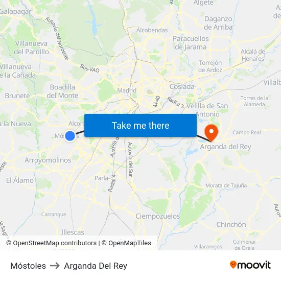 Móstoles to Arganda Del Rey map