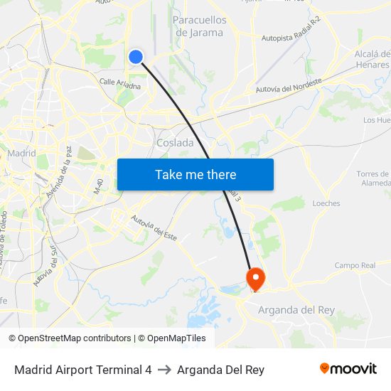 Madrid Airport Terminal 4 to Arganda Del Rey map