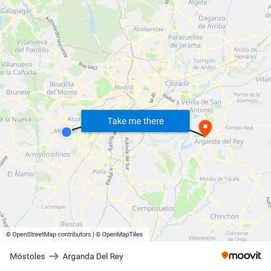 Móstoles to Arganda Del Rey map