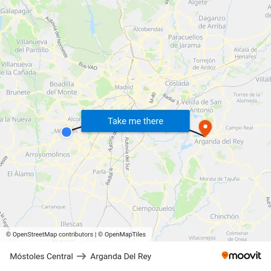 Móstoles Central to Arganda Del Rey map