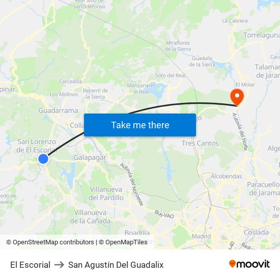 El Escorial to San Agustín Del Guadalix map